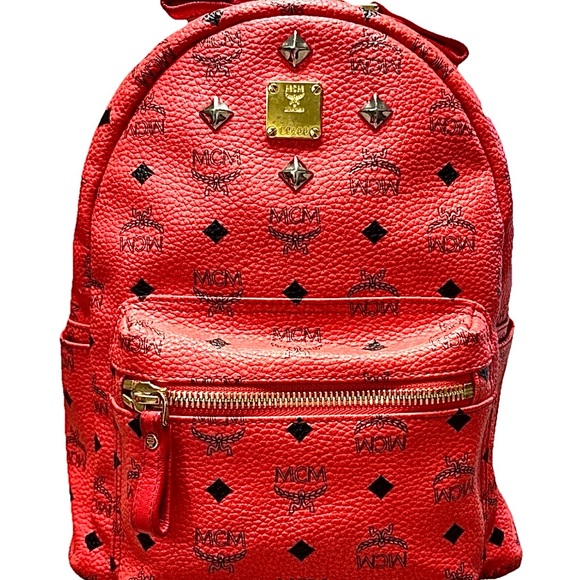 Stunning Authentic CoralMCM Visetos Monogram Pebbled Coated Canvas Backpack